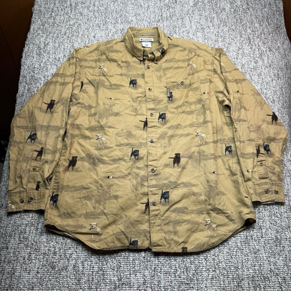 Columbia River Lodge Shirt Mens Large Button Down Dogs Hunting Outdoors